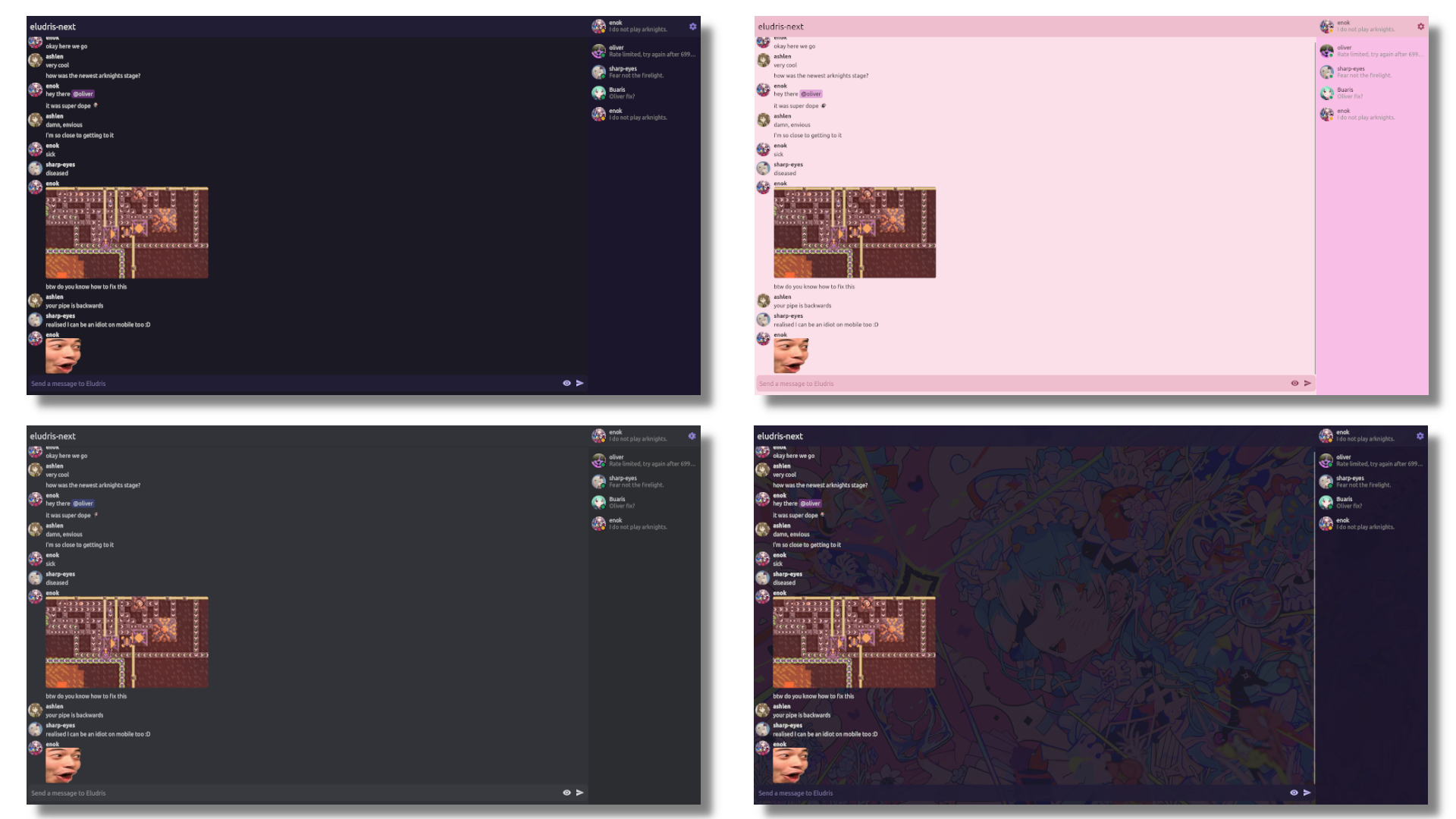 An assortment of different built-in and community-provided Eludris client themes